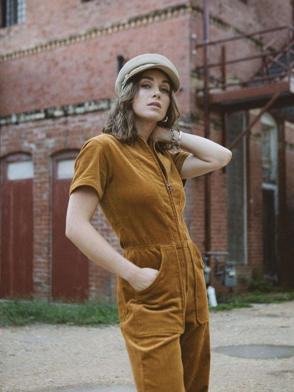 Brixton Corduroy Zip-Front Jumpsuit in Camel Brown